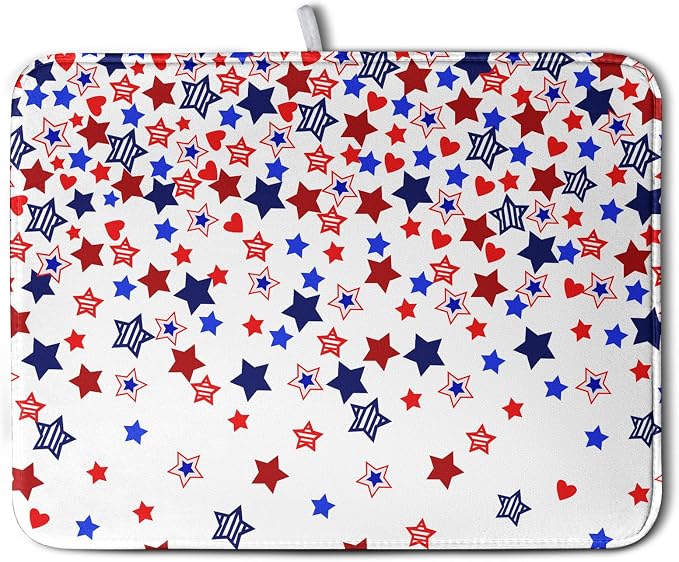 4th of July Dish Drying Mat for Kitchen Counter Patriotic Stars Dishes Drainer Mats Independence Memorial Day Microfiber Absorbent Dish Draining Pad Extra Large 18"x24"