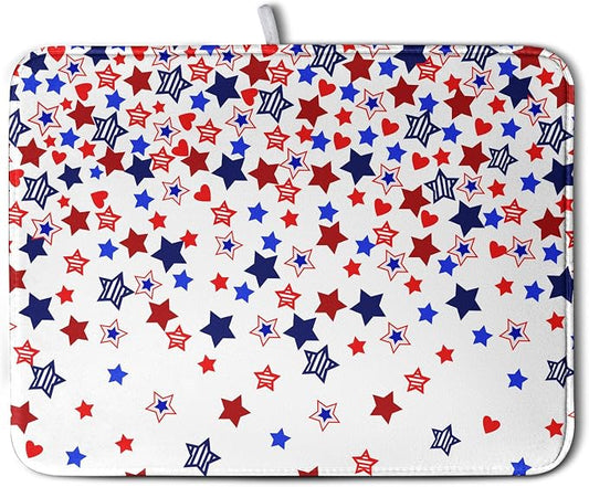 4th of July Dish Drying Mat for Kitchen Counter Patriotic Stars Dishes Drainer Mats Independence Memorial Day Microfiber Absorbent Dish Draining Pad Extra Large 18"x24"