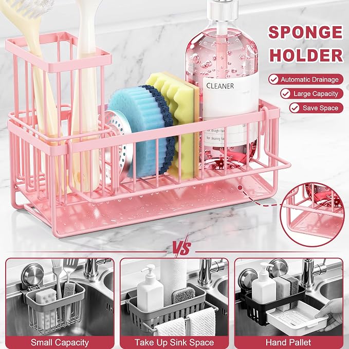 Sponge Holder for Kitchen Sink, Kitchen Sink Caddy, Kitchen Sink Sponge Holder, Dish Sponge Holder, Kitchen Sink Organizer for Sponge, Dish Brush, Scrubber(9.65" x 3.74" x 6.3", Pink)