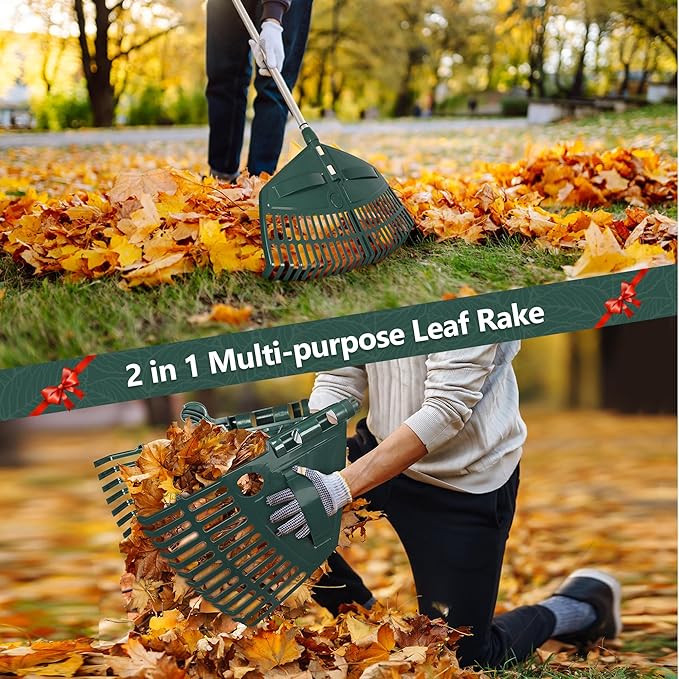 ORIENTOOLS 69" Adjustable Leaf Rake with 5-Section Handle, 26-Tine Durable Plastic Head, Dual-Use Design Converts to Leaf Scoops, Lightweight Yard Rake for Lawns, Grass, Shrubs & Garden Cleanup