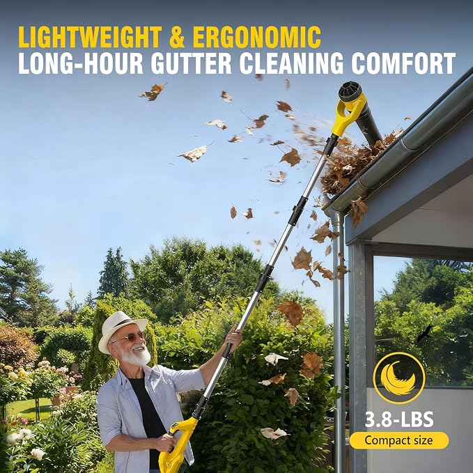 Roof Gutter Cleaning from The Ground, Leaf Blowers for Dewalt 20V Battery | (Tool Only)55" extension pole, brushless motor,580CFM/180MPH,270° nozzle clean roof gutters safely from the ground
