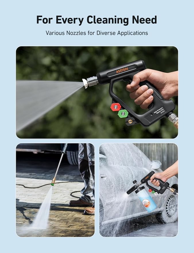 AstroAI Short Pressure Washer Gun with Swivel, 3/8" Quick Connect, 4060 PSI | for High Pressure Washer, 3/8" & 1/4" Quick Connect, with 4 Nozzles, Car Wash, Comfort Grips, Inner Brass, fit Foam Cannon