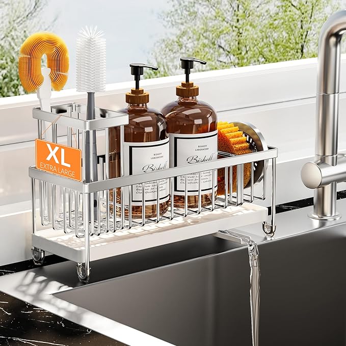 Cisily Sponge Holder for Kitchen Sink, Sink Caddy Organizer with High Brush Holder, Kitchen Countertop Organizers and Storage Essentials, Rustproof 304 Stainless Steel (Large Silver, 10.62″)