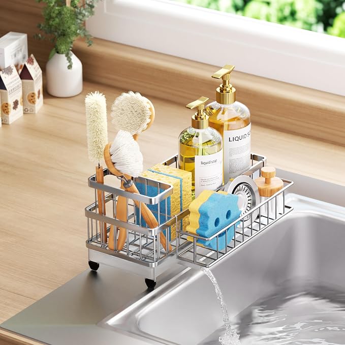 Consumest Sponge Holder for Kitchen Sink - Auto Draining Sink Caddy Organizer with Detachable Rack, High Brush Holder, Kitchen Countertop Storage Accessories, Silver-Large