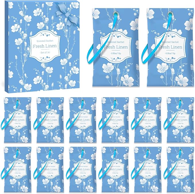 SCENTORINI Scented Sachets for Drawer and Closet, Fresh Linen Scent 14 Pack | Sachets Bags Gift Set, Closet Freshener Sachet for Wardrobe Freshener, Cupboard, Luggage, Handbag, Suitcases,Gym Bag, Locker
