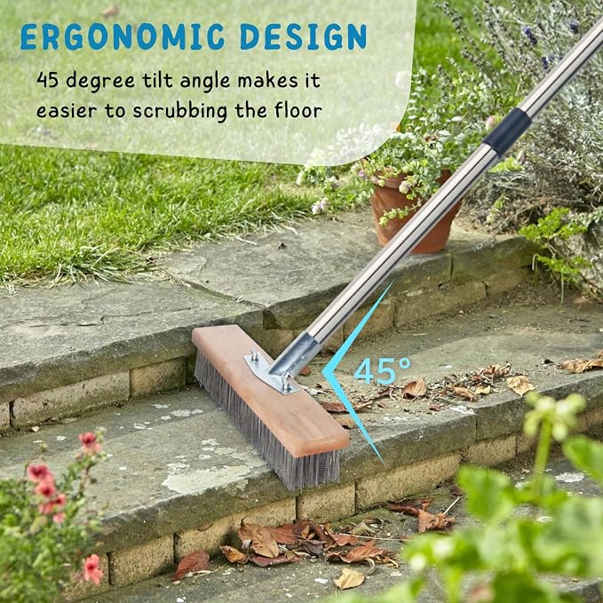 Deck Brush with Long Handle, Scrub Brush for Shower, Stainless Steel Wire Scrub Brush with Long Handle for Deck, Concrete, Patio Floor Cleaning