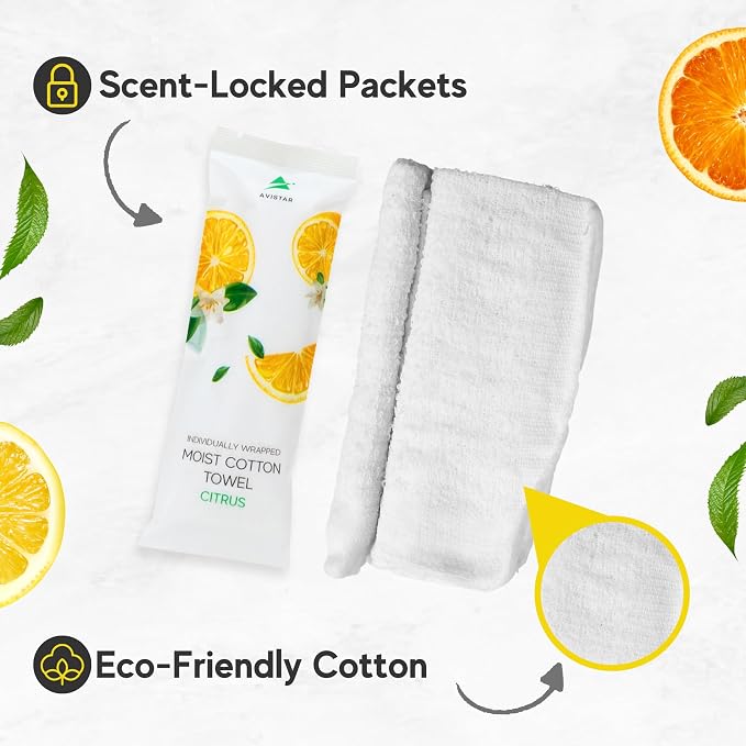 60 Hot or Cold Wrapped Moist Towels – 9'' x 9" Moist Towelettes Individually Wrapped Scented Disposable Face & Hand – Pre-Moistened Hand Wipes Soft Refreshing for Travel, Spa, Restaurant - Citrus