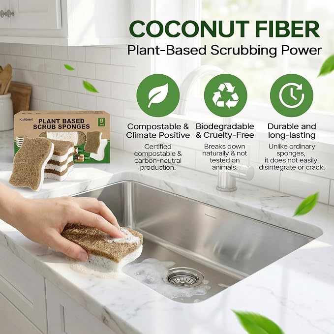 9 Pack Kickleen Biodegradable Natural Kitchen Sponges - Compostable Cellulose and Coconut Walnut Scrubber Sponge - Eco Friendly Sustainable Sponges for Dishes (9 Pack)