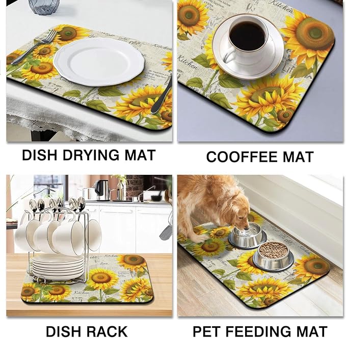 Dish Drying Mat 2-Pack in Sunflower News for Kitchen Counter Dishes Mat | Diatom Mud Mats (18x24, 19.5x12"). Non-slip rubber back for kitchen counter, coffee bar & sink scenes