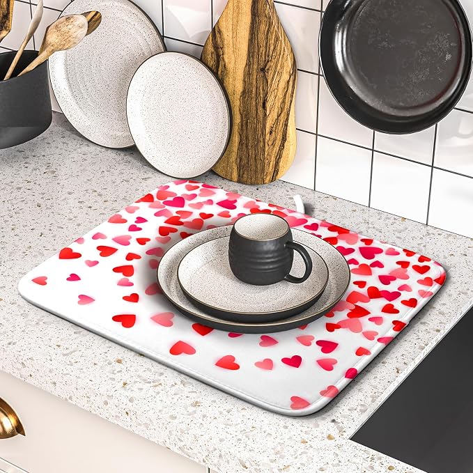 Valentines Dish Drying Mat for Kitchen Counter Hearts Holiday Microfiber Absorbent Dish Draining Reusable Washable Foldable 16"x18"