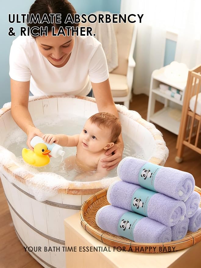 HIPHOP PANDA Baby Washcloths, Rayon Made from Bamboo - 2 Layer Ultra Soft Absorbent Newborn Bath Face Towel - Reusable Baby Wipes for Delicate Skin - Purple, 6 Pack