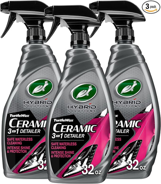 Turtle Wax Hybrid Solutions Ceramic 3-in-1 Car Detailer, Waterless Car Wash, Long-lasting HydrophobicWax Protection and High Gloss Shine, Safe For All Exterior Surfaces, 32 oz (Pack of 3)