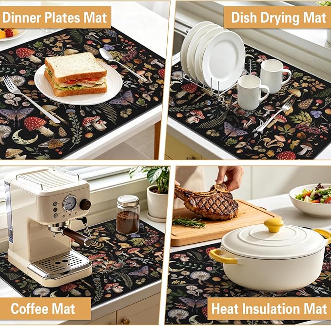 Dish Drying Mat Kitchen Countertop ,Super Absorbent Coffee Bar Mat for Maker Espresso Machine, Anti-Slip Accessories for Kitchen Countertops 19x12 Inch