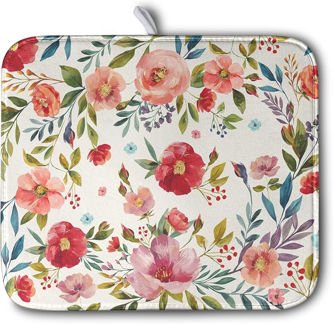 Floral Dish Drying Mat for Kitchen Counter Absorbent Microfiber Dishes Drying Pad Cute Flowers Dish Drainer Rack Mats Washable Coffee Sink Mat 16x18 Inch