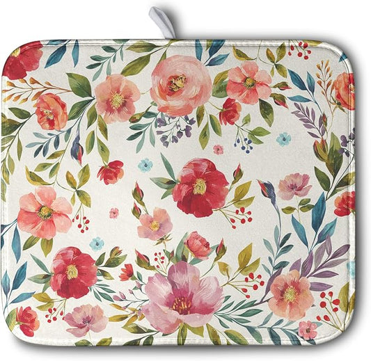 Floral Dish Drying Mat for Kitchen Counter Absorbent Microfiber Dishes Drying Pad Cute Flowers Dish Drainer Rack Mats Washable Coffee Sink Mat 16x18 Inch