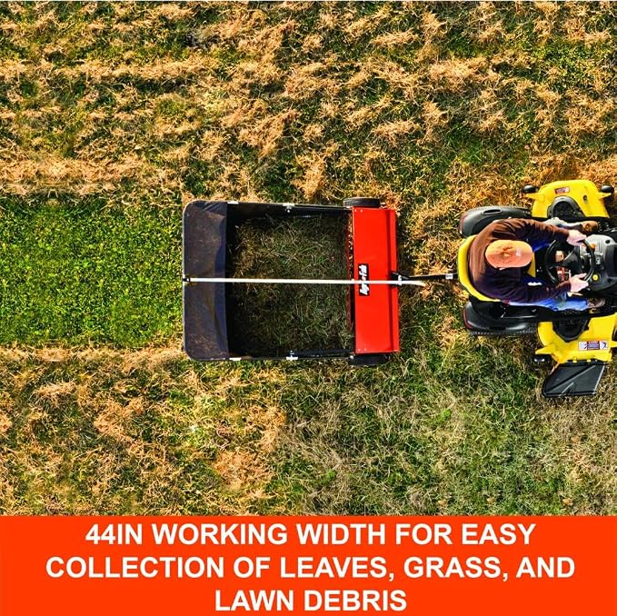 Agri-Fab 44 In Tow-Behind Lawn Sweeper with 28 Cu Ft Flow-Through Hopper Bag, Adjustable Brush Height, and Dump From Seat Handle