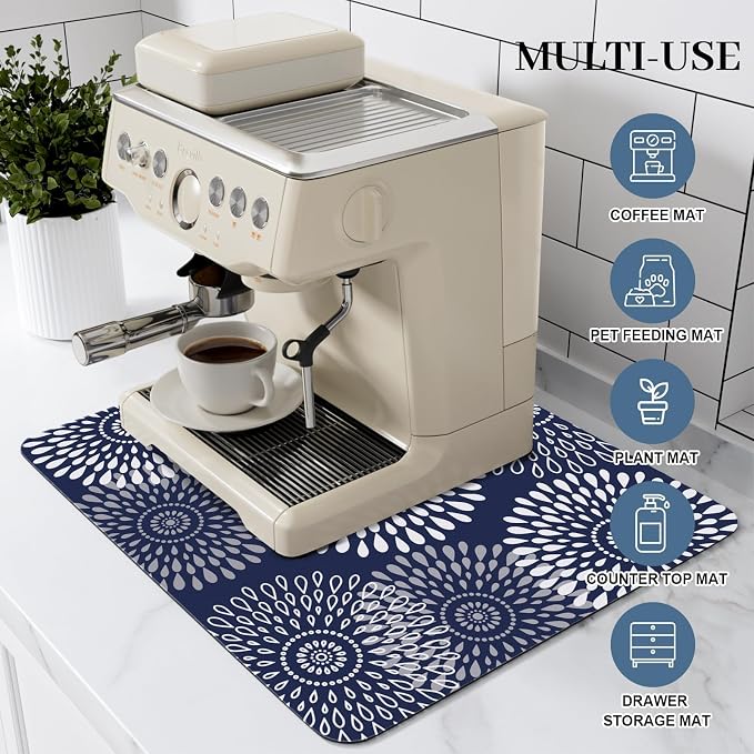 LuxStep Dish Drying Mat Super Absorbent Kitchen Counter Mat Rubber Backing Draining Mat Easy to Clean Kitchen Accessories Dish Rack Pad for Dishes, Utensils, Countertops, Sinks 15" x 18" Blue
