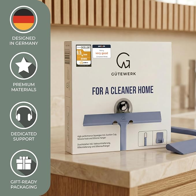 GÜTEWERK Silicone Shower Squeegee for Glass Doors & Mirrors with Stainless Steel Core, Streak-Free & No-Squeak Window Cleaning, 3-in-1 No-Drill Mount (Hook/Suction/Adhesive),Blue, 11 Inches