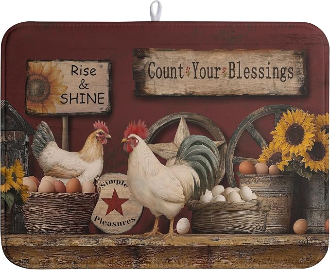 Farmhouse Rooster Dish Drying Mat for Kitchen Counter Farm Animal Chicken Drying Pad Rustic Vintage Dishes Drainer Mats Absorbent Microfiber Dish Draining Mat Extra Large 18x24 Inch