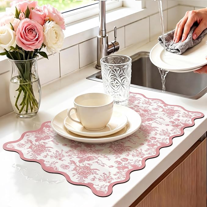 Scalloped Chinoiserie pink floral Dish Drying Mat 12"x20" Absorbent Coffee Mat Cuttable Hide Stain Non-slip Drying for Kitchen Counter Coffee Maker Espresso Machine