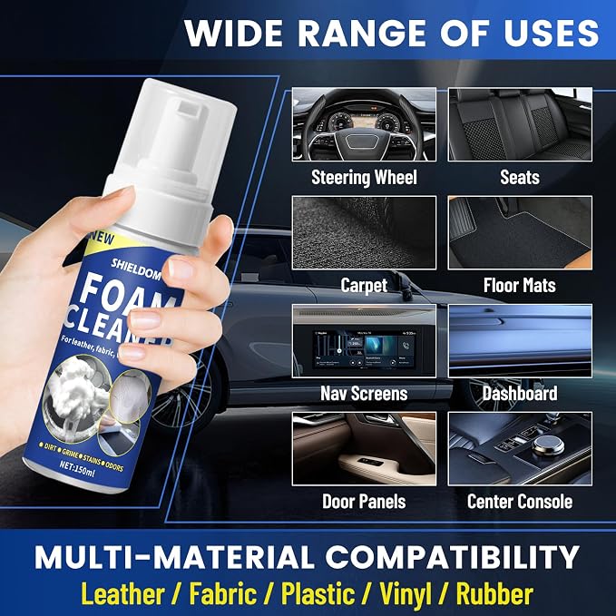 SHIELDOM Car Interior Foam Cleaner Multifunctional Car Seat Cleaner Powerful Carpet Upholstery Stain Remover Kit with Detailing Brush & Towel Safe for Cloth, Leather, Fabric, Vinyl & Plastic 5oz