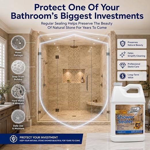 Black Diamond Stoneworks Natural Stone Shower Sealer – Penetrating Water-Based Sealer for Marble, Granite, Travertine, Limestone & Grout – Water & Stain Protection. 1-Gallon