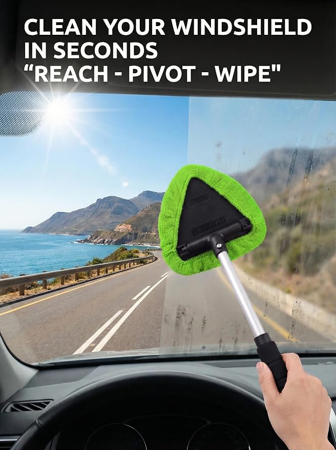 TAKAVU Window & Windshield Cleaner, Extendable, 3 Microfiber Pads (Green) | Pivoting Triangle Head Wiper Cleans Interior & Exterior Glass, 3 Washable Reusable Bonnets, Lint-Free