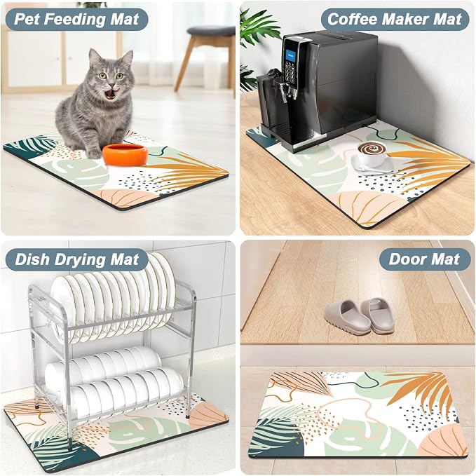 Rnivvi Coffee Mat, 16" x 24" Cute Boho Theme Coffee Bar Mats for Espresso Machine Station Accessories and Organizer, Hide Stain Rubber Backed Absorbent Dish Drying Pad for Kitchen Counter, Tropical