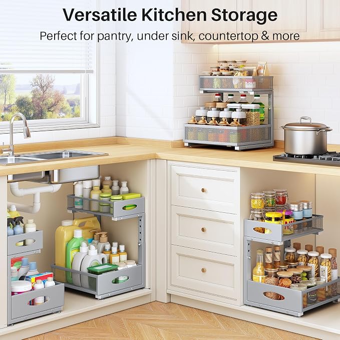 Under Sink Organizer, 2 Pack 2 Tier Pull Out Under Cabinet Organizer Shelf with Pad for Framed Cabinets, Metal Slide Out Under Sink Storage, Mesh Sliding Drawers for Kitchen Bathroom Laundry, Grey