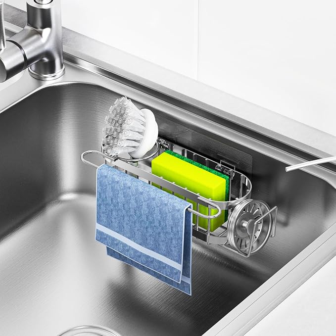 Cisily Kitchen Sink Caddy Sponge Holder in The Sink, Stainless Steel Kitchen Sink Organizer, Brush Holder, Dish Cloth Hanger, Sink Stopper Holder (Hanging-Silver)
