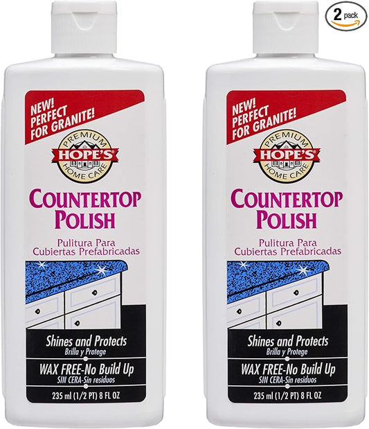 HOPE'S Countertop Restoration Polish, Streak-Free Kitchen Counter Cleaner, No Buildup on Countertops, Quartz, Marble, Corian, Composite, and Granite Polish, 8 Fl Oz, Pack of 2