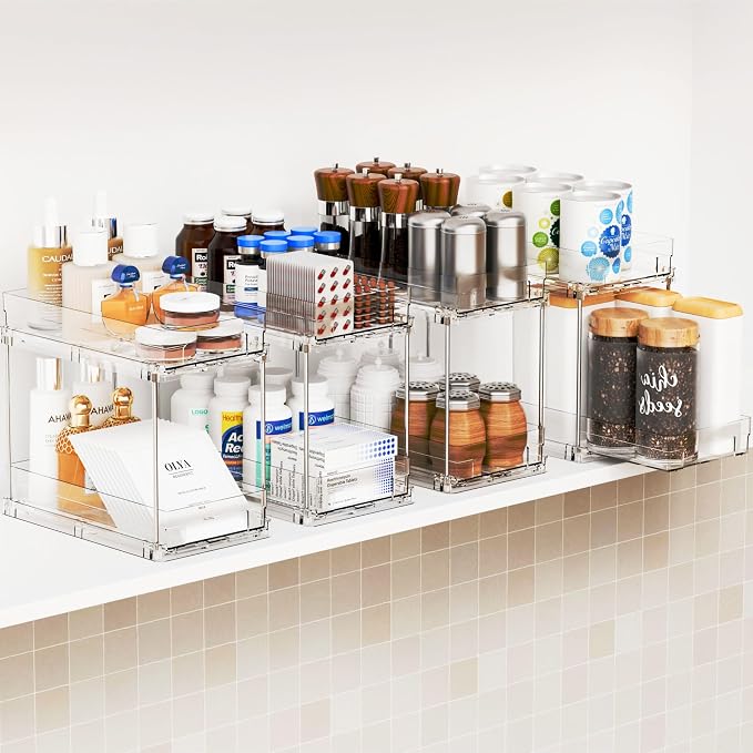 Yieach 4 Set Bathroom Organizers and Storage,2 Tier Clear Under Sink Organizer and Medicine Cabinet Organizer for Kitchen,Pantry Storage,Pull Out Drawers for Skincare,Pill Bottle,Spice Organization