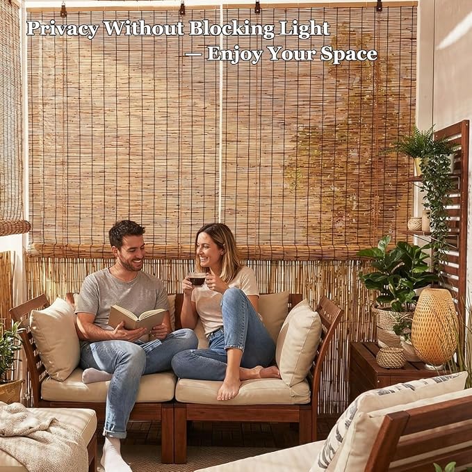 Retro Bamboo Blinds for Patio, Privacy Bamboo Roll Up Shades for Windows, 16"-80" W Reed & Bamboo Blackout Roller Shades, Cordless Outdoor Blinds for Porch, Sun Blocking(56" W x 64" H)