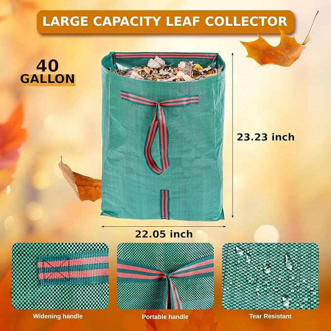 4-Pack 40-Gallon Reusable Collapsible Yard Waste Bags with Dustpan | For grass clippings,garden debris,party trash,laundry, camping.Folds flat for storage,heavy-duty fabric, easy-carry handles