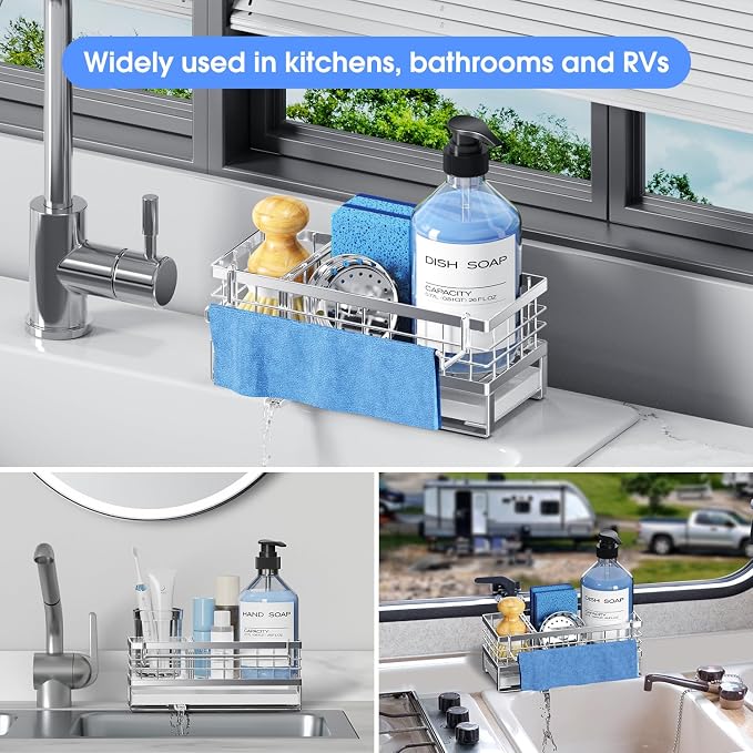 Kitchen Sink Sponge Holder - Self-Draining, Detachable Dish Cloth Holder, Rustproof Kitchen Countertop Organizer (Stainless Steel)