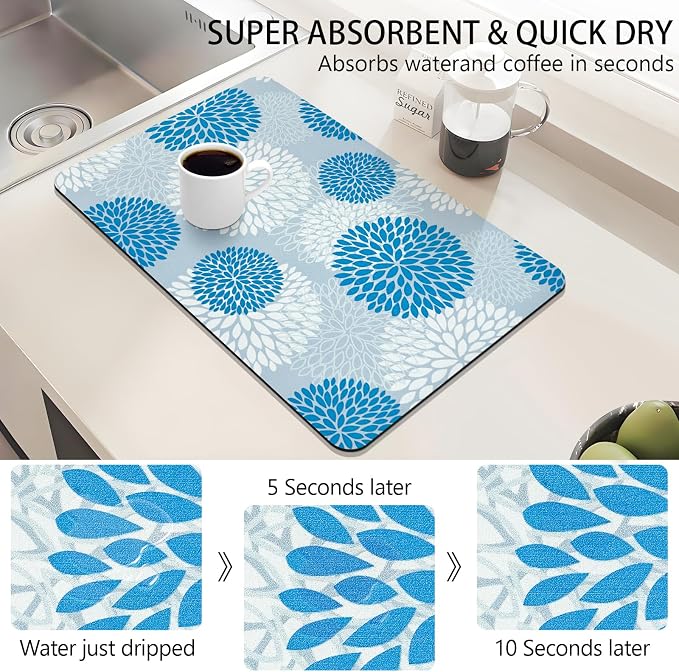 Dish Drying Mat, Dish Mat Drying Kitchen Mat with Rubber Backed, Hide Stain Kitchen Super Absorbent Draining Mat, Easy to Clean Dish Rack Pad for Dishes Countertop (Blue Floral, 16" x 24" )