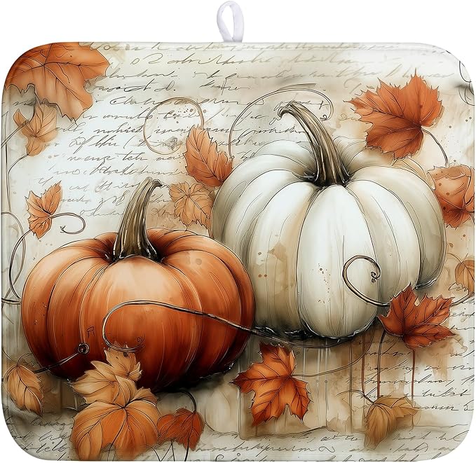 Fall Dish Drying Mat for Kitchen Counter Autumn Thanksgiving Orange White Pumpkin Drying Mats 16x18 Inch Vintage Maple Leaf Holiday Draining Pad Microfiber Absorbent Dish Drainer Rack Mat