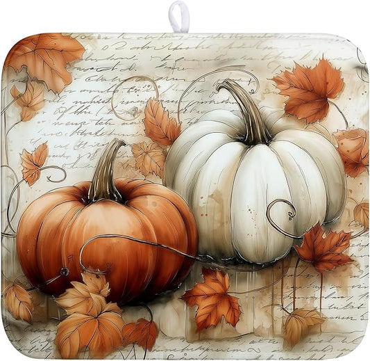 Fall Dish Drying Mat for Kitchen Counter Autumn Thanksgiving Orange White Pumpkin Drying Mats 16x18 Inch Vintage Maple Leaf Holiday Draining Pad Microfiber Absorbent Dish Drainer Rack Mat