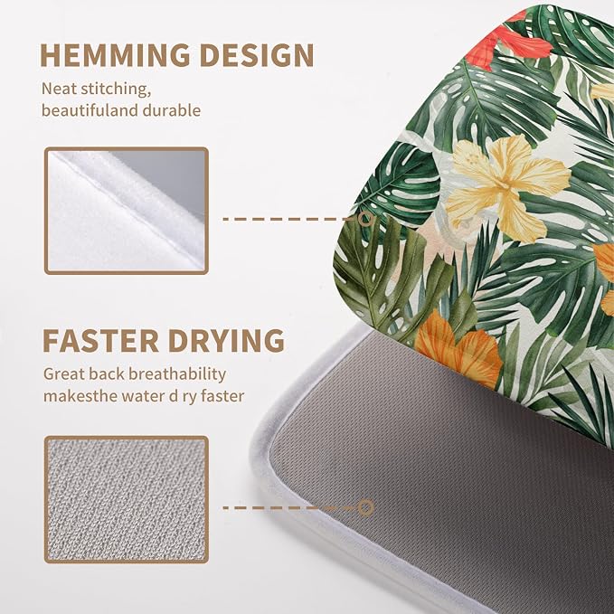 Tropical Leaves Flower Drying Mat for Kitchen Counter Summer Palm Leaf Drying Dish Mat Watercolor Herbs Dishes Pad Absorbent Fast Dry Kitchen Accessories 16x18 Inch