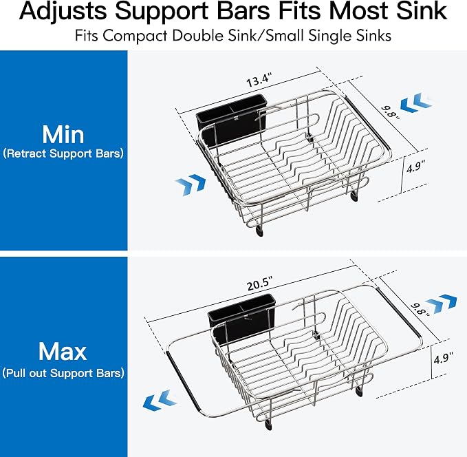 Apartment RV Small Dish Drainer Drying Rack Over The Sink In Stainless Steel for Narrow Kitchen, Counter Space Saving Compact Expandable Metal Dish Dryer Strainer, Adjustable Hanging Wire Drain Holder