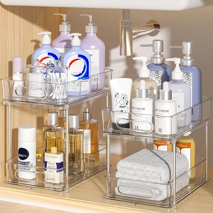 Delamu 2 Tier Under Sink Organizer Bathroom, Bathroom Cabinet Organizer with Snap-Lock Design and Hooks, Pull Out Storage with Movable Dividers, for Countertop, Kitchen and Pantry (Clear, 4 Pack)