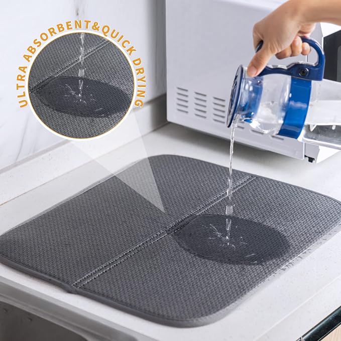 2 Pack Dish Drying Mat, Absorbent Microfiber Dish Drying Mat for Kitchen Counter, 16"x18” Large Size Dish Drying Pad, Ultra Absorbent Dishes Drainer Mat for Countertop