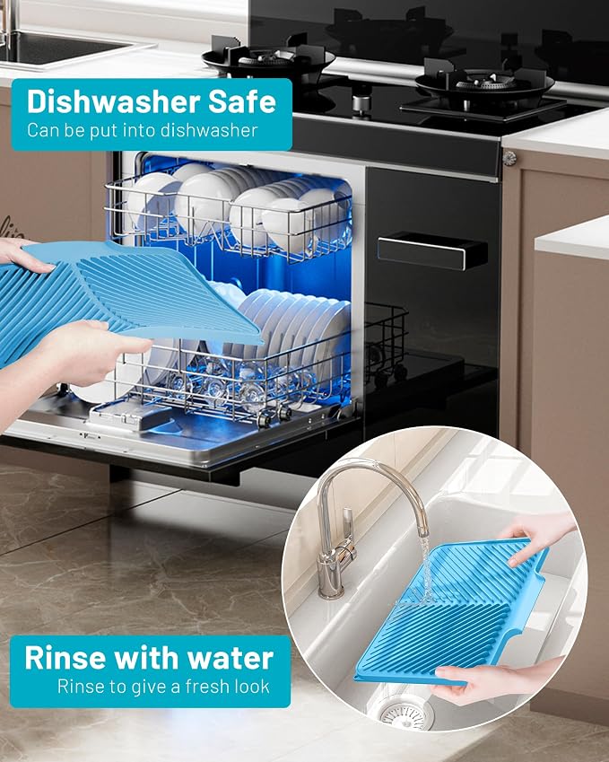 Dish Drying Mat Kitchen Counter - Silicone Dish Drying Pad with Built-in Drain for Sink, Refrigerator and Drawer liner, Easy Clean, Non-Slip, Heat Resistant, 14.8" x 10.7"