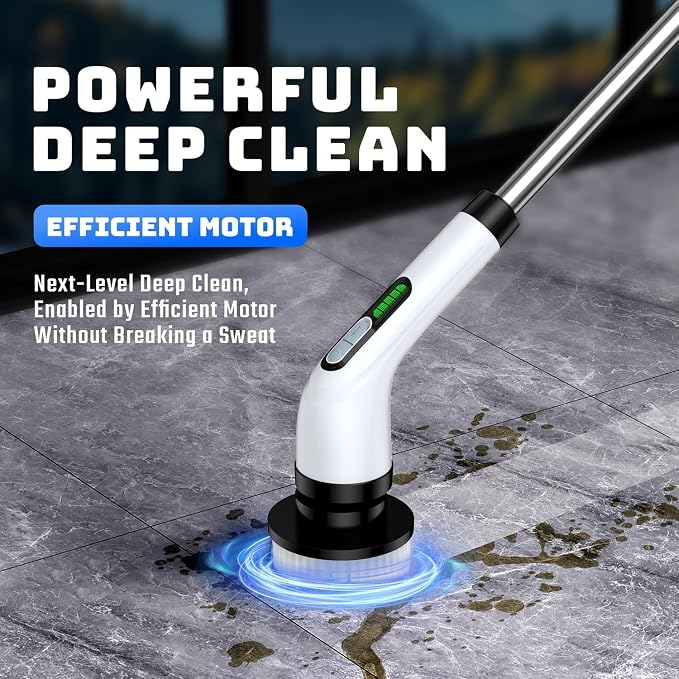 Electric Spin Scrubber for Bathroom: Shower Scrubber with Long Handle | Dual Speed Cordless Power Cleaning Scrub, 7 Brush Heads, IPX7 Waterproof Heavy Duty Cleaner Tools for Tub Tile Grout Wall