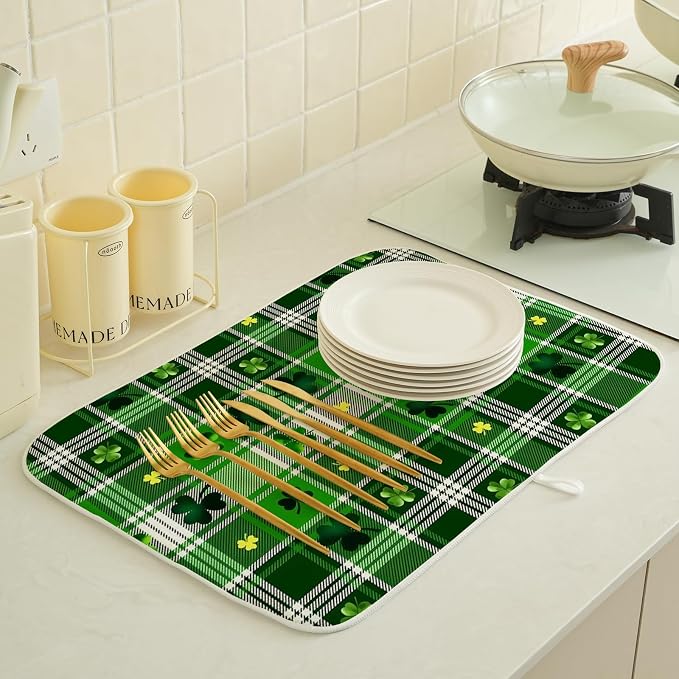 St. Patrick's Day Dish Drying Mat 18 x 24 Inch Green Buffalo Plaid Shamrock Drying Mat for Kitchen Counter Absorbent Spring Gold Green Clover Dishes Dry Pad for Drainer Rack Kitchen Fast Dry