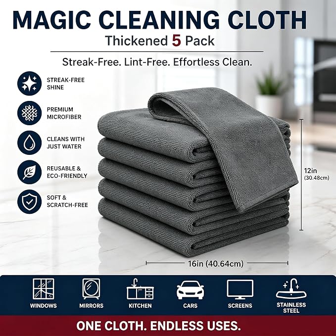 Magic Cleaning Cloth Thickened 5 Pack - 16x12 Inch Reusable Microfiber Cleaning Cloths, Streak-Free & Lint-Free for Glass, Window, Kitchen, Stainless Steel, Cars & Screens (5Pack)