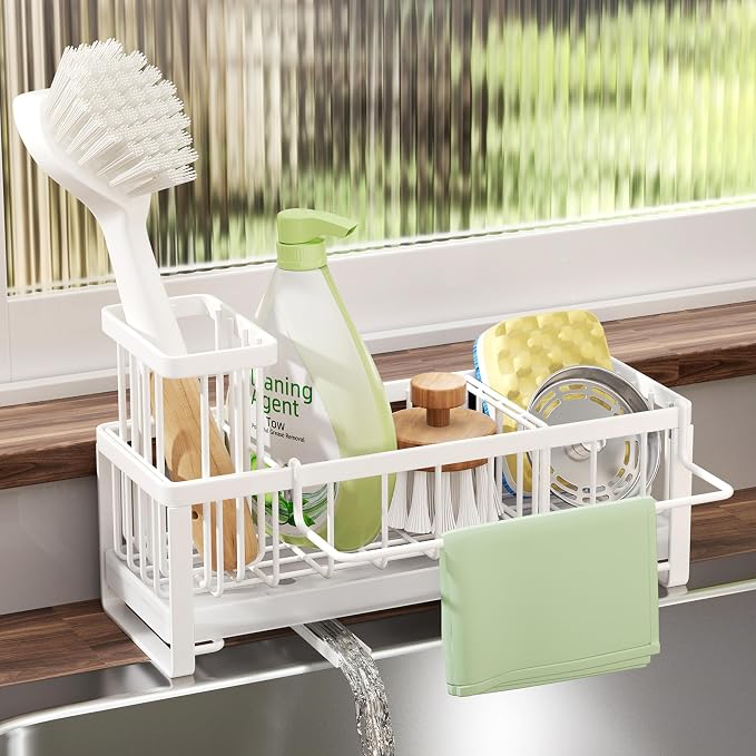 SWTYMIKI Sponge Holder for Kitchen Sink - Sink Caddy with Brush Holder Self-draining Sponge Caddy Organizer with Divider Stainless Steel Kitchen Accessories Storage for Countertop, White