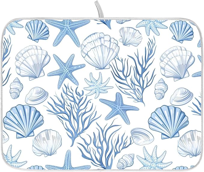 Nautical Coastal Dish Drying Mat for Kitchen Counter Absorbent Microfiber Large Summer Ocean Themed Seashell Coral Starfish Drying Pad Dish Mats for Kitchen Countertops 18 x 24 Inch