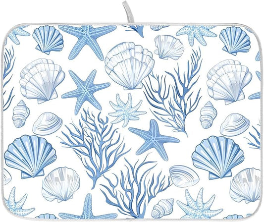 Nautical Coastal Dish Drying Mat for Kitchen Counter Absorbent Microfiber Large Summer Ocean Themed Seashell Coral Starfish Drying Pad Dish Mats for Kitchen Countertops 18 x 24 Inch