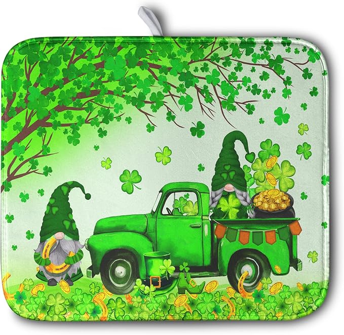 St Patricks Day Shamrock Drying Mat for Kitchen Counter Green Gnome Truck Dishes Drying Mat St. Patricks Day Spring Washable Dish Drying Pad Absorbent Microfiber Dishes Drainer Mats 16x18 Inch